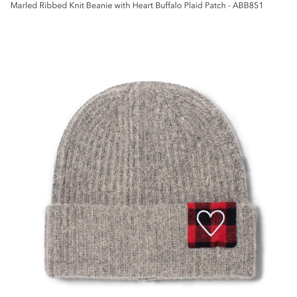 Marled Ribbed Knit Beanie with Heart Buffalo Plaid Patch - ABB851